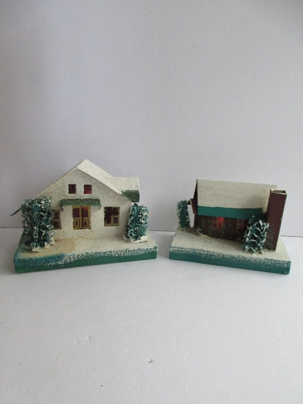 2 Putz Japan Cardboard Christmas Village Green Houses Loofah Bottle Brush Trees
